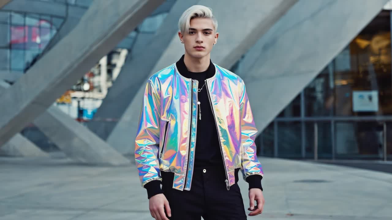 Man wearing iridescent jacket