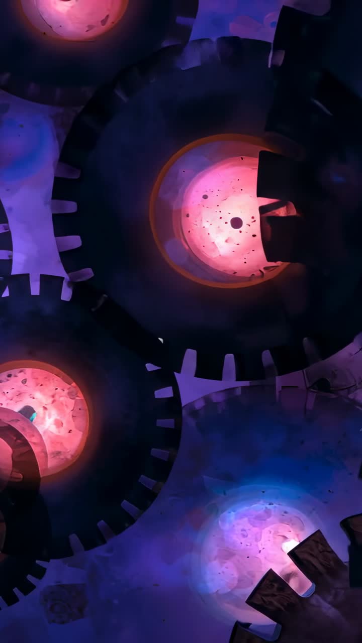 Vertical video: Loop starting, rotating three gears against purple-blue nebula, cores pulsing