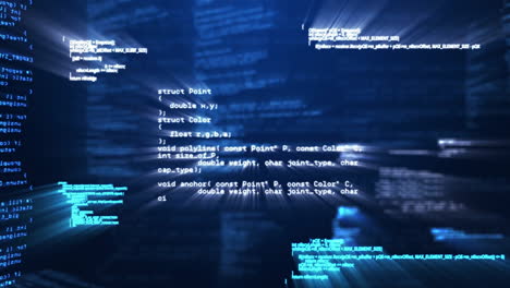 computer code and data processing animation over blue background