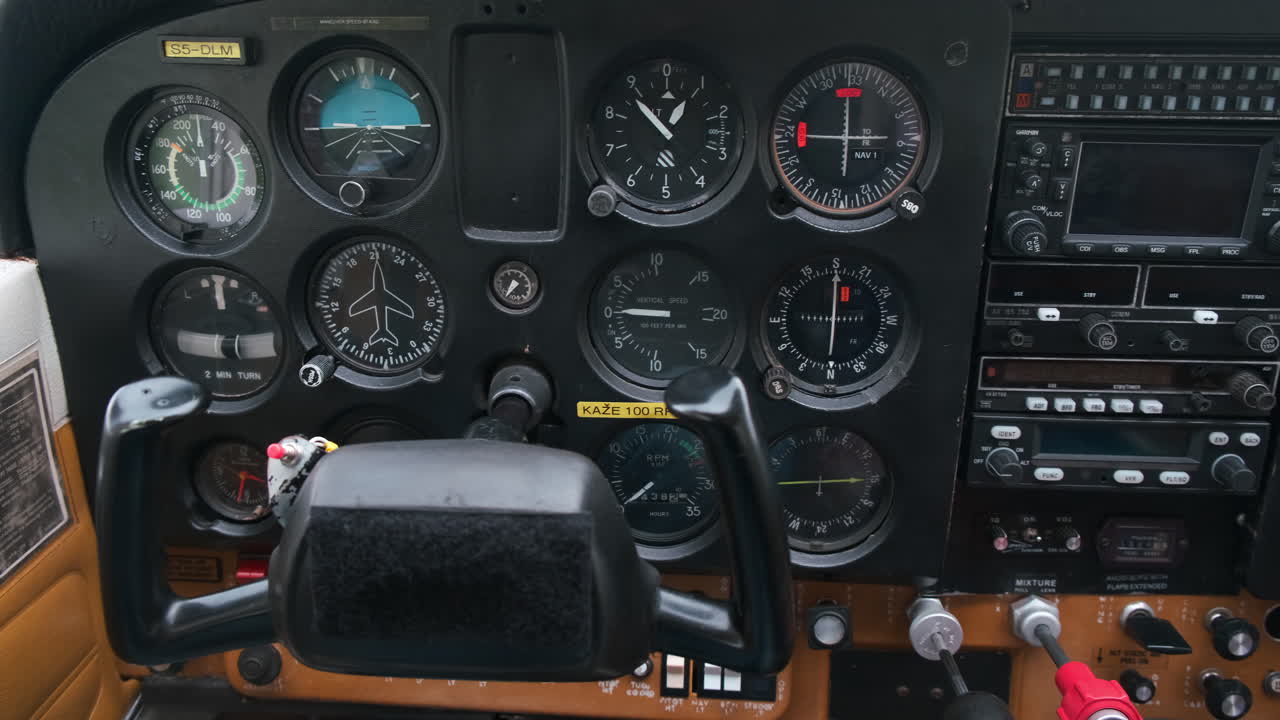 Closeup of the dashboard in small sport aircraft, light sport airplane cockpit with an instrument panel