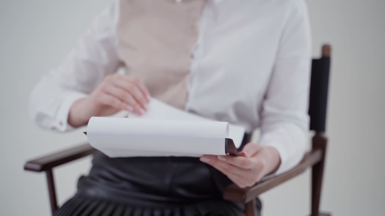 Folder in woman's hands. Young secretary in blouse sitting in the chair and flipping papers. Close-up. Slow motion.