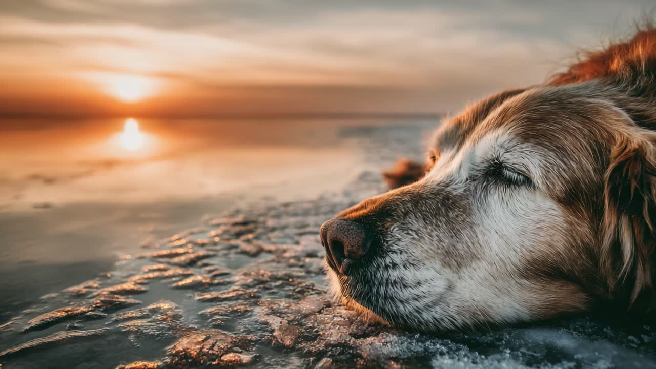 Golden Retriever Relaxing by the Sunset: A Heartwarming Moment Captured on the Shore with Tranquil Waves and Warm Colors Reflecting on the Water's Surface