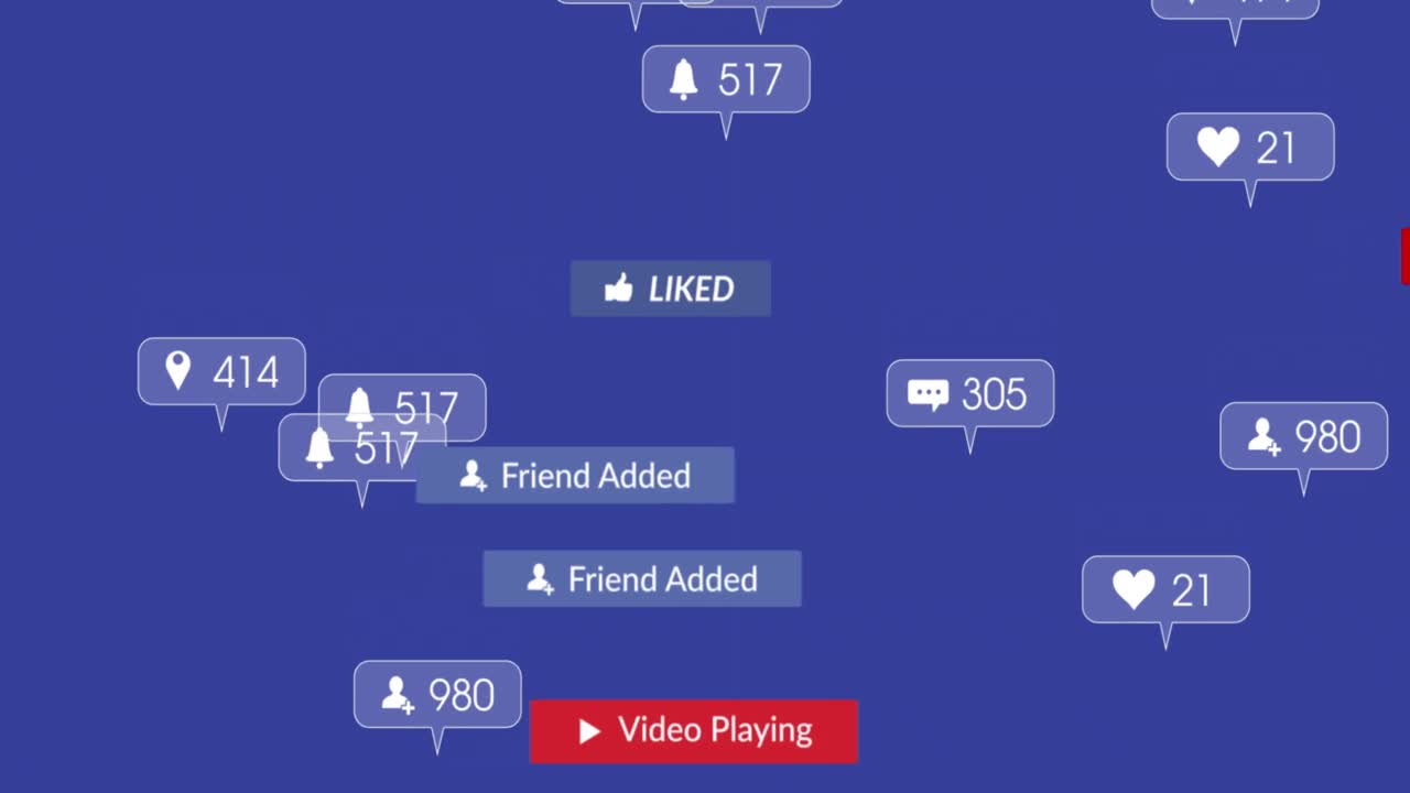 보라색 배경 위에 디지털 아이콘이 있는 배너에 있는 소셜 미디어 텍스트의 애니메이션