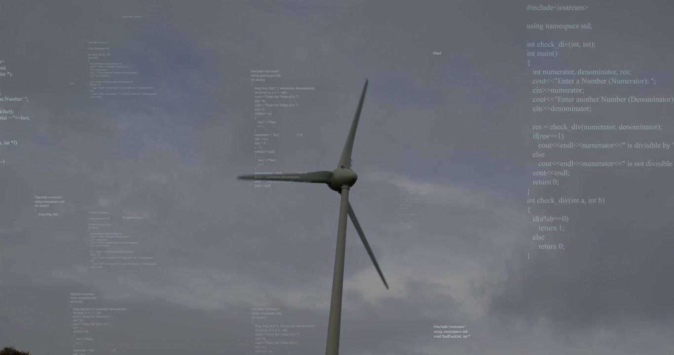 Single wind turbine rotating in cloudy sky, wind driving blades while energy-code overlays shifting