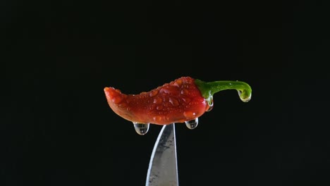 a delicious red jalapeno pepper being sprayed with water while resting on a knife