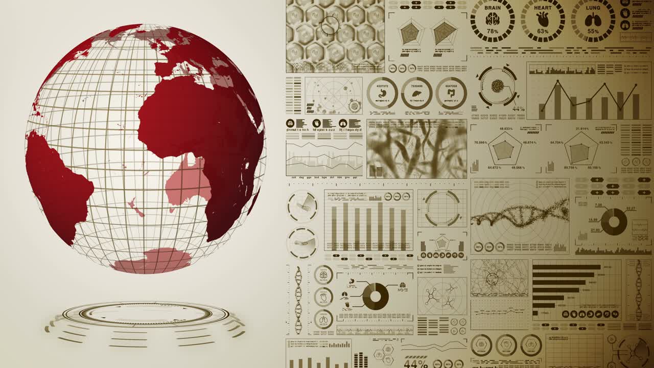 pandemia de infección. tierra global con puntos rojos de infección. holograma médico elementos de datos digitales gráfico. control infeccioso. vírus de curación. animación en bucle.