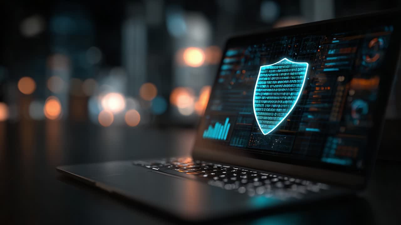 An advanced computer system displaying a glowing shield symbol on its screen, representing cybersecurity, data protection, and digital safety in a modern tech environment