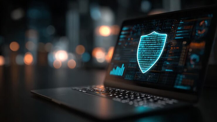 An advanced computer system displaying a glowing shield symbol on its screen, representing cybersecurity, data protection, and digital safety in a modern tech environment