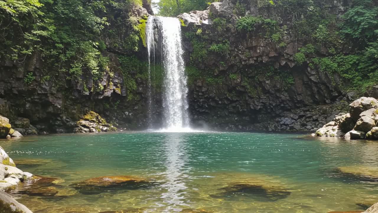 Enchanting Serenity: A Gorgeous Waterfall Cascading into a Crystal-Clear Pool Surrounded by Lush Greenery in a Secluded Natural Escape