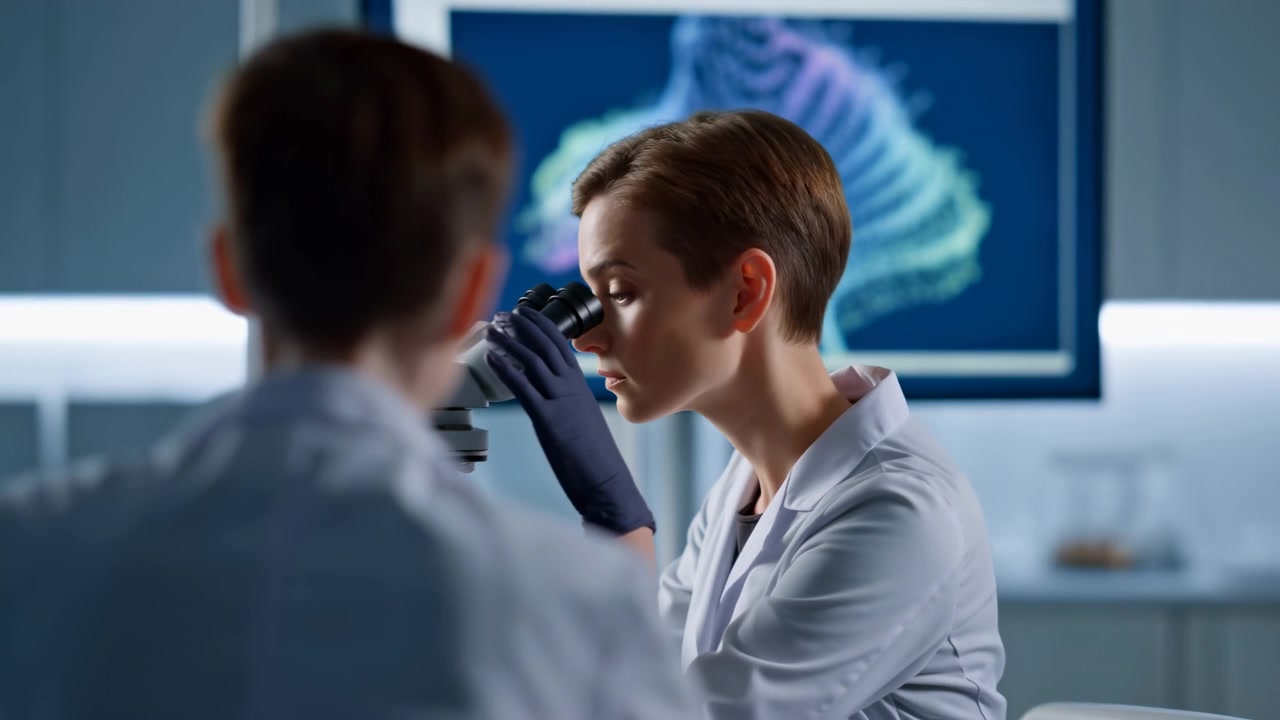 Un ricercatore seduto si china verso un microscopio e osserva nell'oculare indossando guanti scuri e un camice bianco, inquadrato sopra la spalla di un'altra persona con uno schermo illuminato sullo sfondo
