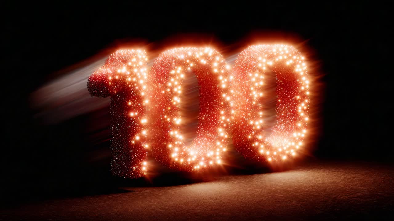 Dynamic Display of Sparkling '100': A Captivating Visual Representation of Achievement and Celebration with Shimmering Lights and Motion Effects