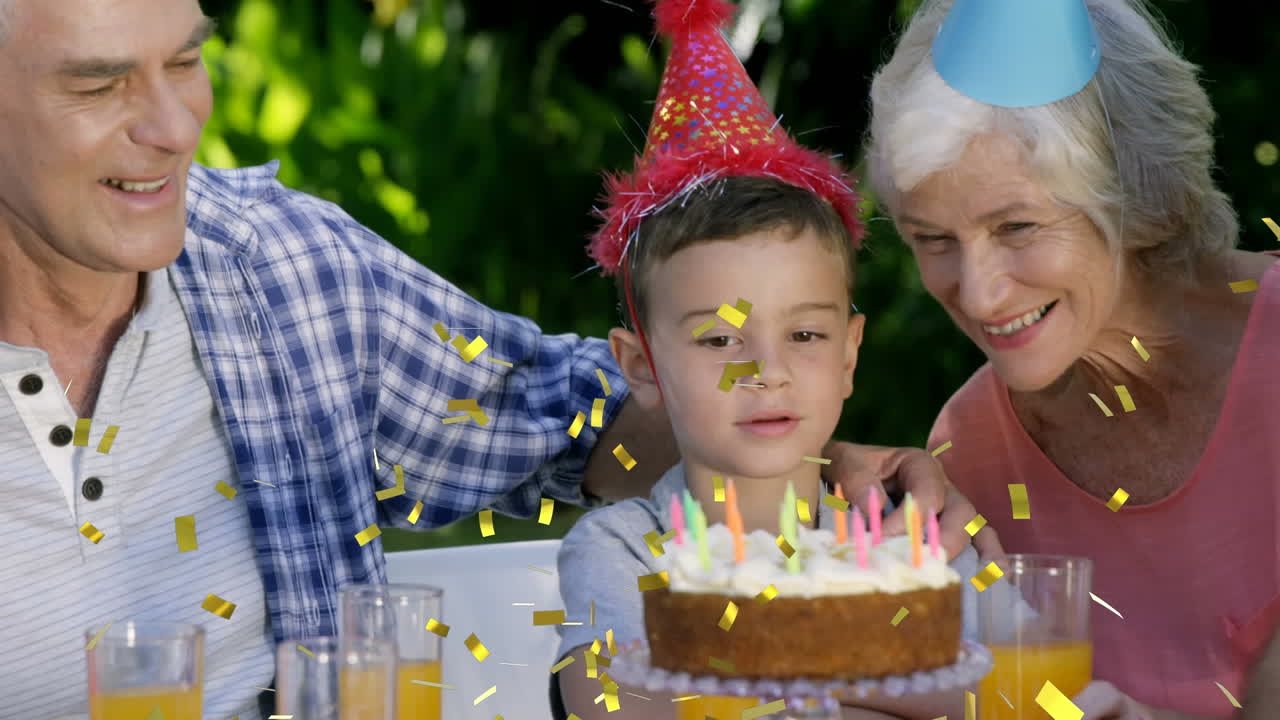 animación de confeti cayendo sobre la familia divirtiéndose en la fiesta de cumpleaños