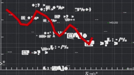 red graph moving over grid lines against data processing on black background