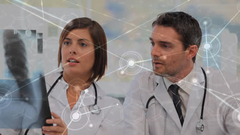 animación de puntos conectados sobre diversos médicos analizando y discutiendo los informes de rayos x de los pacientes