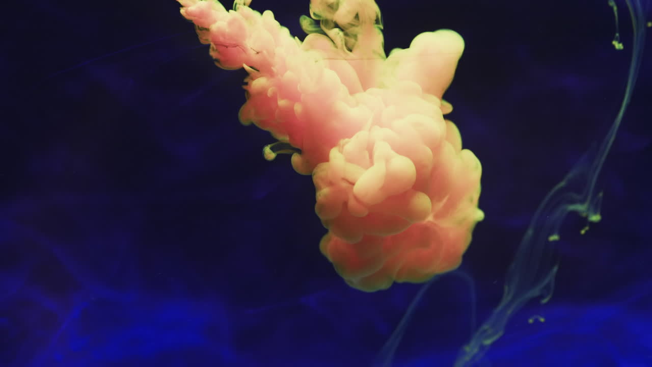 замедленное видео розового и желтого акварельного чернила, смешивающегося в воде на синем фоне