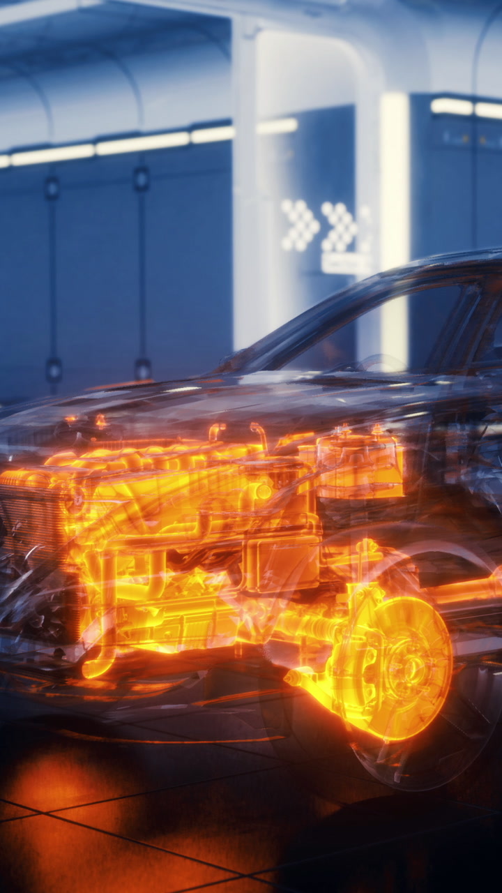 Modern car engine seen through transparent body in a workshop setting