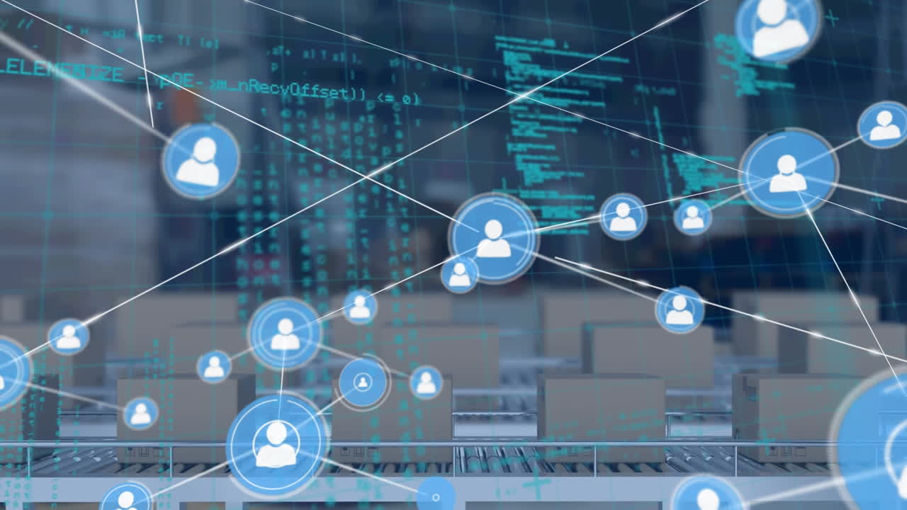 animación de la red de conexiones con iconos sobre cintas transportadoras y procesamiento de datos en segundo plano