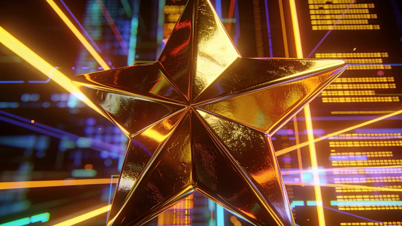 Rivelazione iniziale di una stella metallica a 5 punte che ruota e si inclina, illuminata al neon, con raggi arancioni e dati per il logo.
