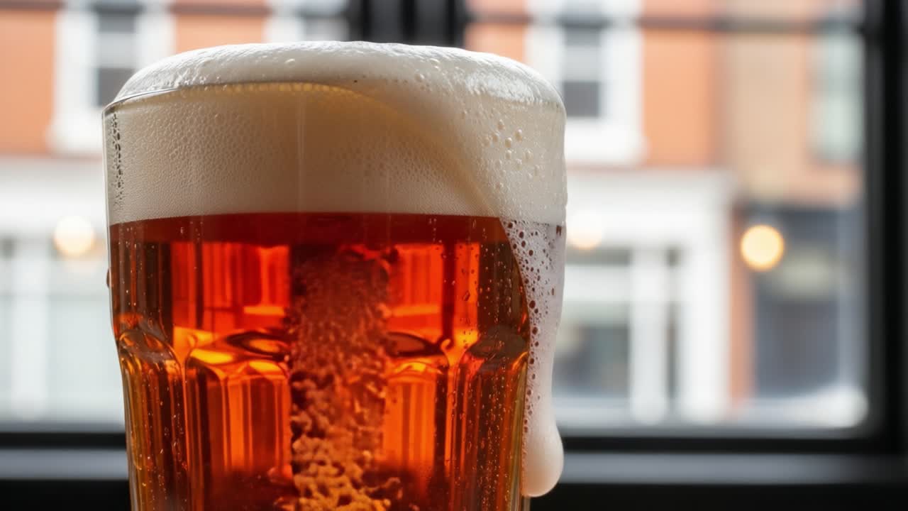 A Refreshing Glass of Beer Captured in Two Frames Highlighting the Rich Amber Color and Creamy Foam, Set Against a Softly Blurred Urban Background