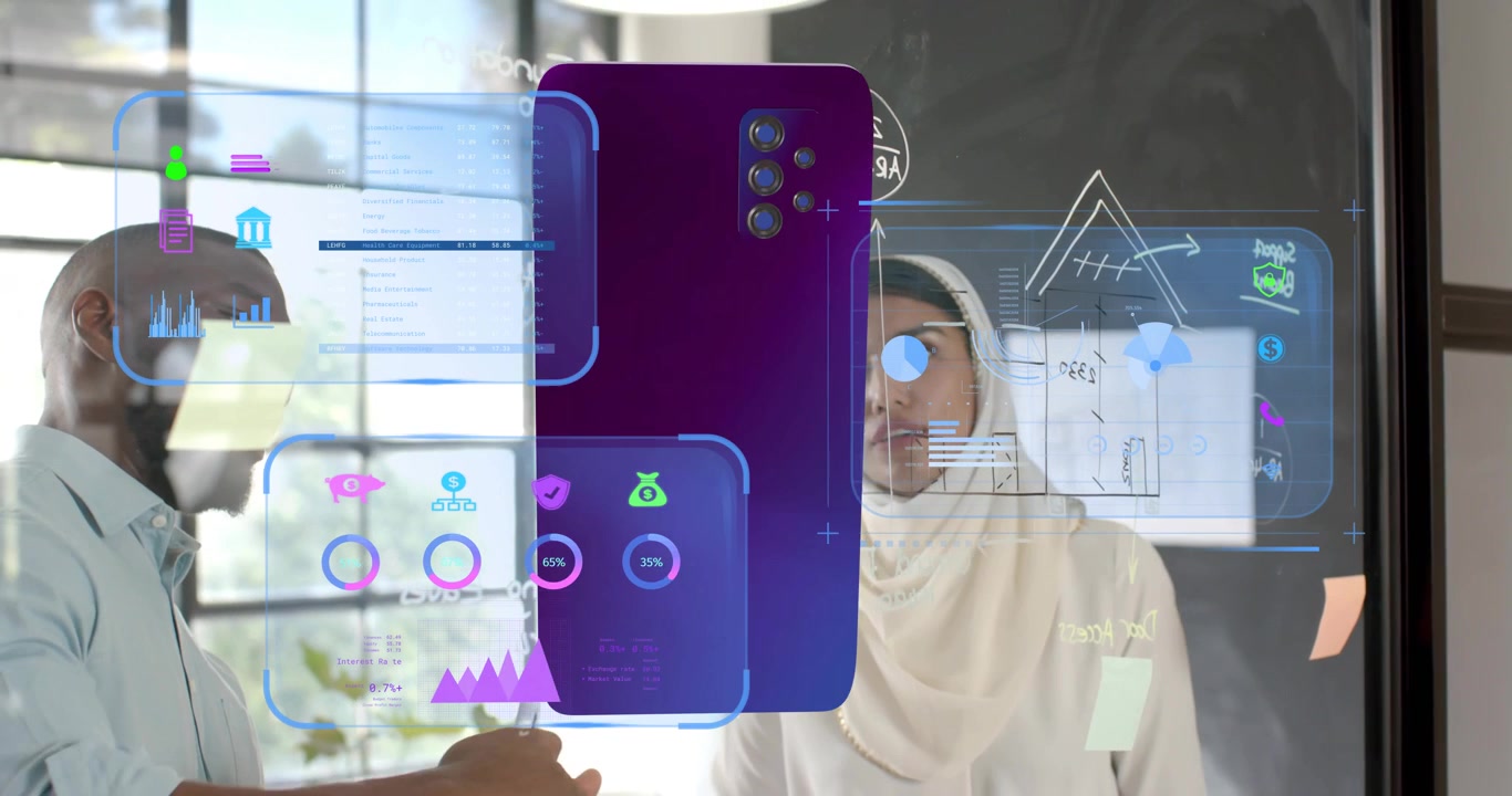 Smartphone model appearing, man sketching AR graphs and woman pointing notes for tech design