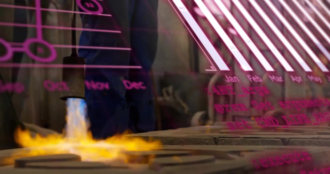 Worker igniting blowtorch heating metal tray as data charts emerging showing real-time monitoring