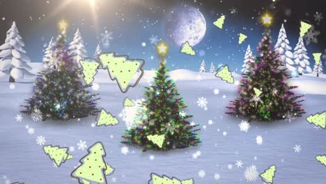 Snowflakes-and-christmas-tree-icons-falling-against-three-christmas-trees-on-winter-landscape