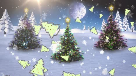copos de nieve e iconos de árboles de navidad cayendo contra tres árboles de navidad en el paisaje de invierno