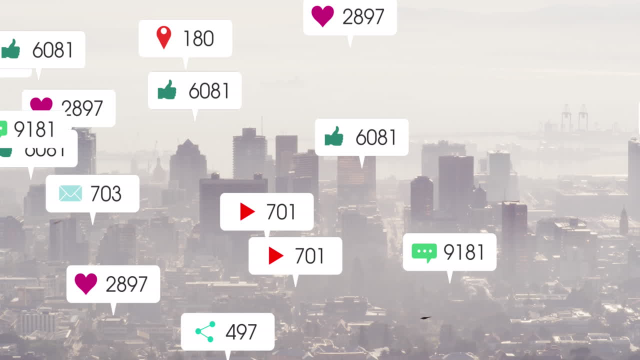 animación de iconos de redes sociales y procesamiento de datos sobre el paisaje urbano