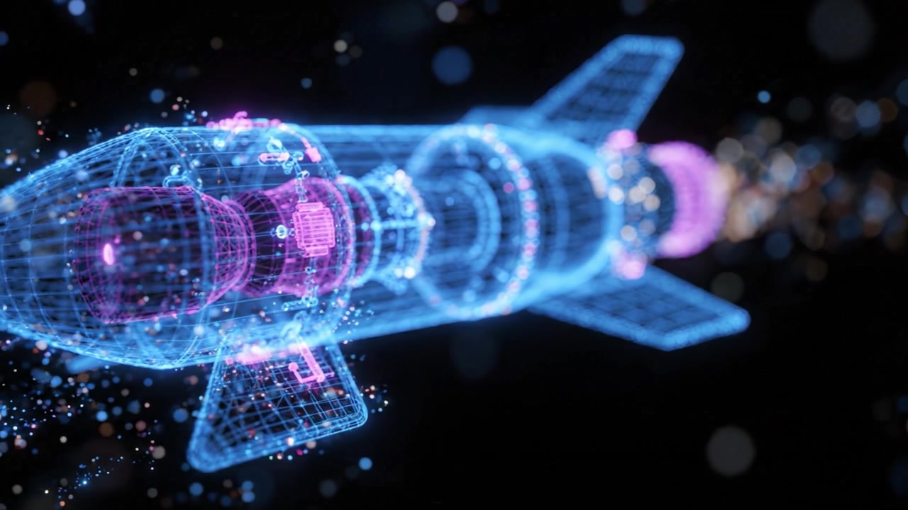 Futuristic Digital Rocket Design with Holographic Visualization and Spectacular Light Effects for Space Exploration and Innovative Technology Advancements
