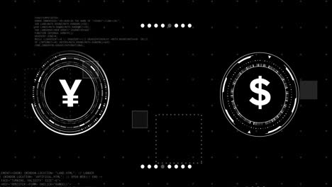 Animation-Von-Währungssymbolen-Mit-Datenverarbeitung-Auf-Schwarzem-Hintergrund