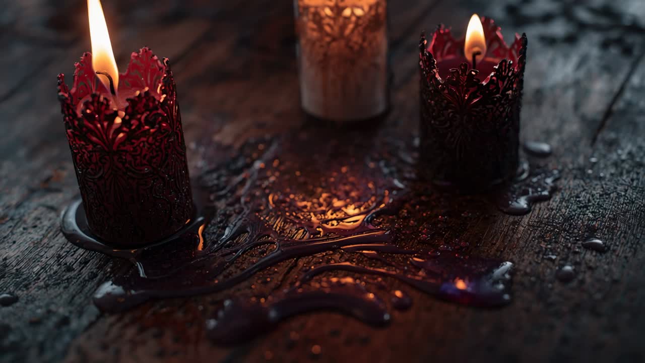 Flickering flames initiating red candles dripping wax on table amid dim light, pooling rivulets