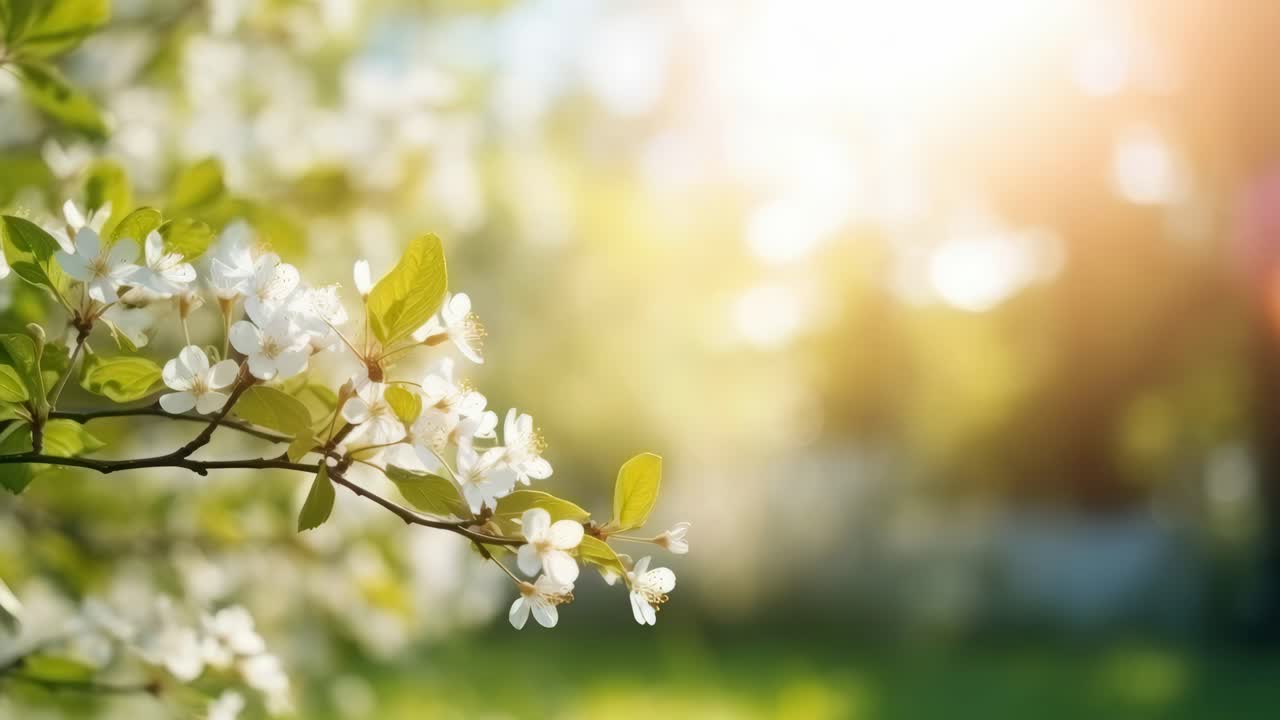Close-up video shot of blooming white flowers on a branch, captured at eye level with a soft focus