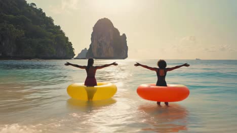 Two people enjoying a tropical beach with inflatable rings