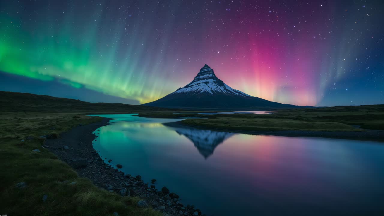 Streaming auroral curtains brightening and shifting, lighting conical peak and mirror pool at night