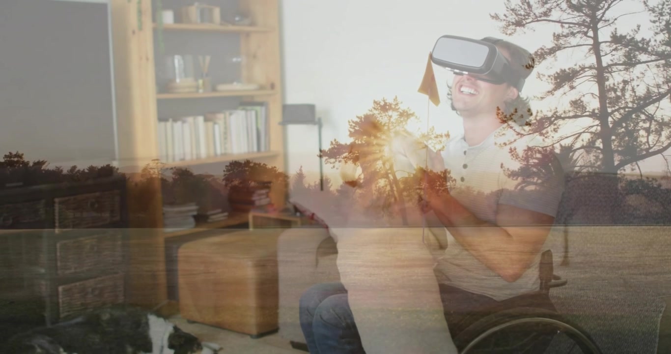 Dopo aver indossato il visore VR, un uomo afferra un cuscino e simula di remare mentre una sovrapposizione di foresta trasforma la stanza.