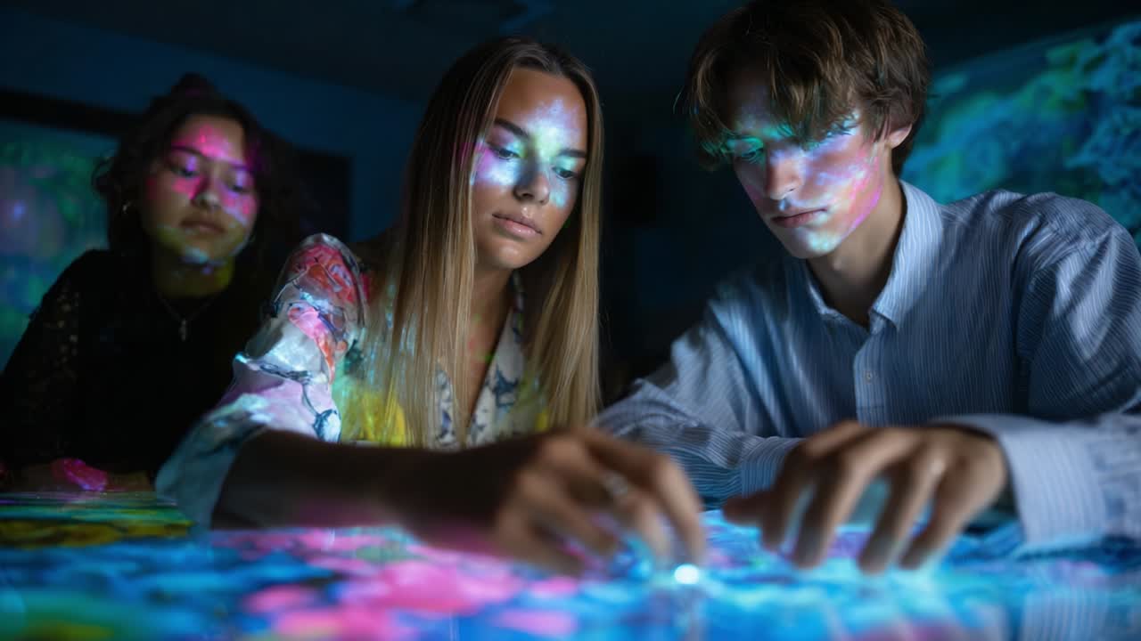 People interacting with a digital touchscreen table