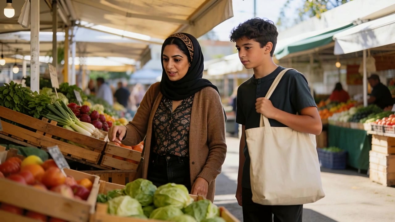 A observar produtos no mercado, mãe com lenço a inspecionar caixotes de madeira, filho a segurar saco de compras