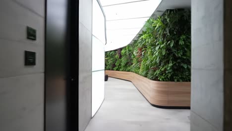a modern, eco-friendly corridor showcasing lush greenery and contemporary design elements, highlighting a harmonious blend of nature and architecture