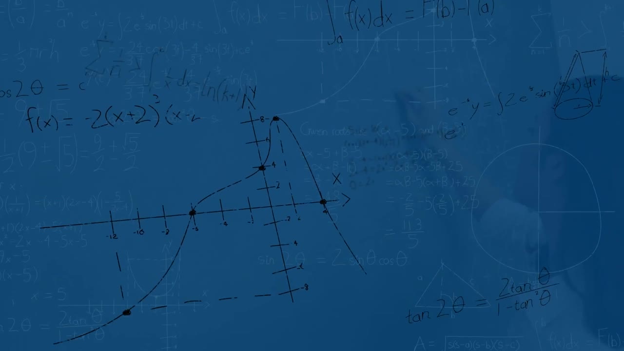 Animation of abstract shapes and mathematical equations over female teacher writing on blackboard