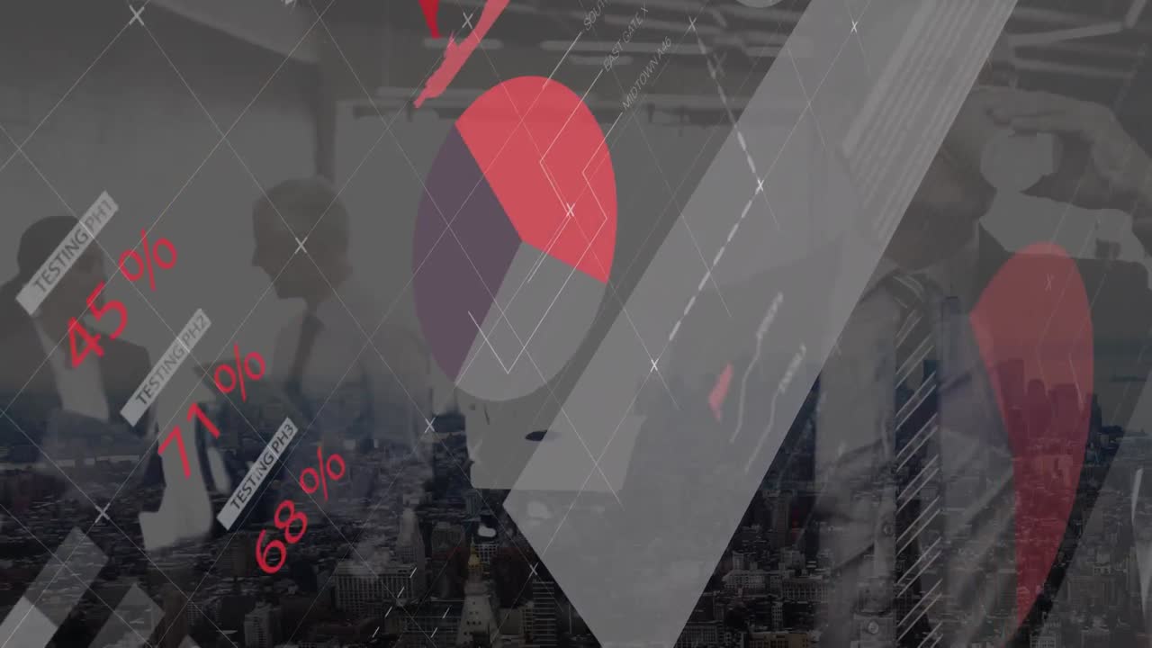 사무실에서 커피를 마시는 백인 사업가에 대한 금융 데이터의 애니메이션