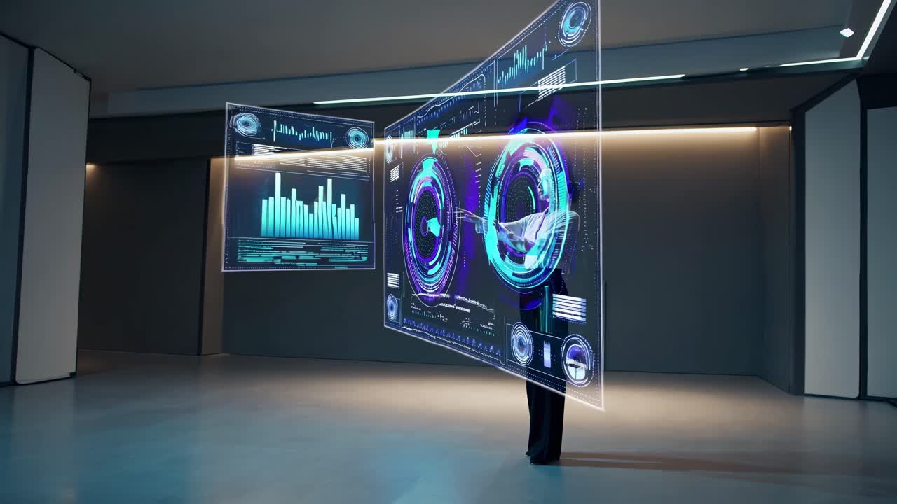 Futuristic video concept showing a woman interacting with a holographic display