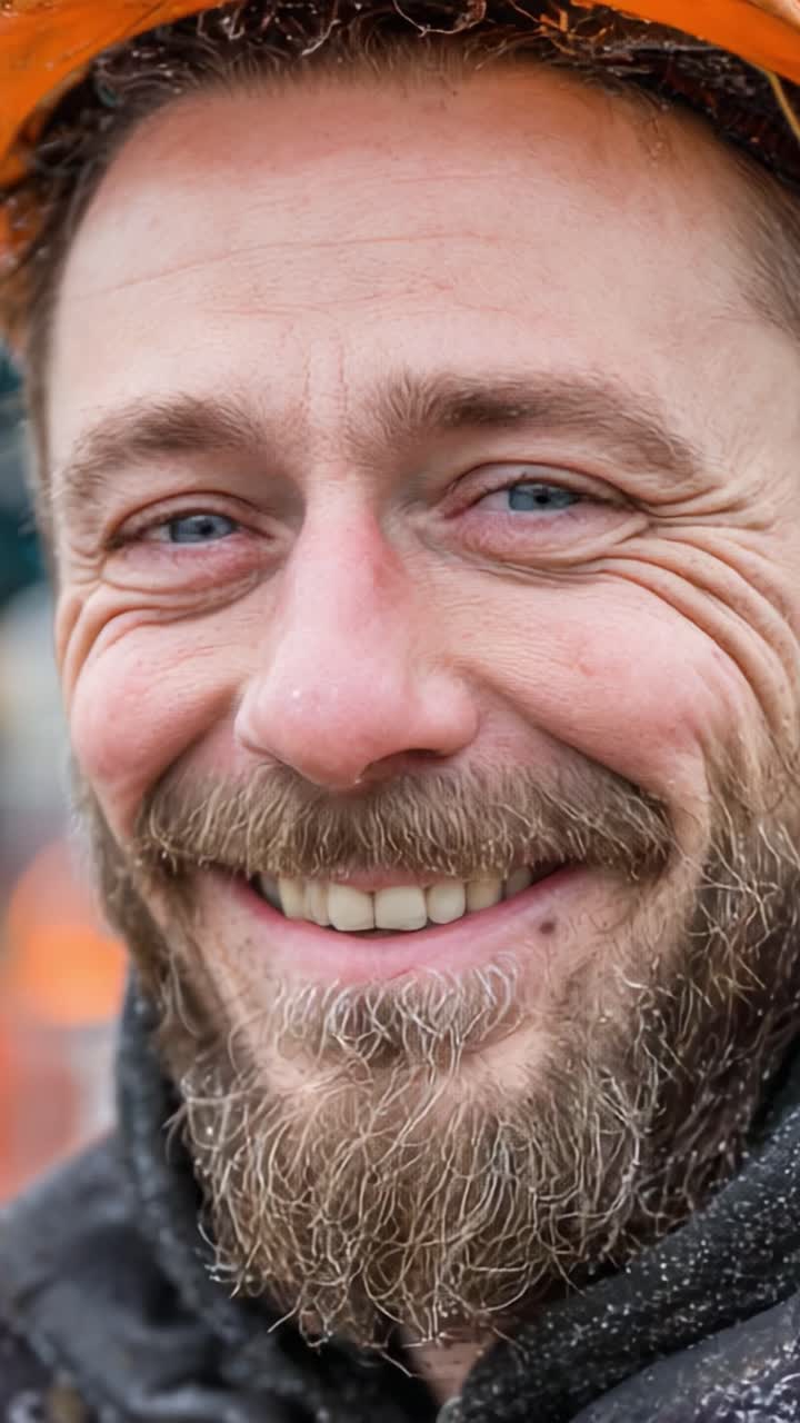 Un trabajador de la construcción sonriente con barba y casco de seguridad, que irradia positividad y calidez, mostrando el orgullo y la alegría de trabajar en un entorno exigente