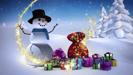 Animation-of-lens-flare-over-snowman,-gift-bag-and-boxes-against-snow-covered-landscape