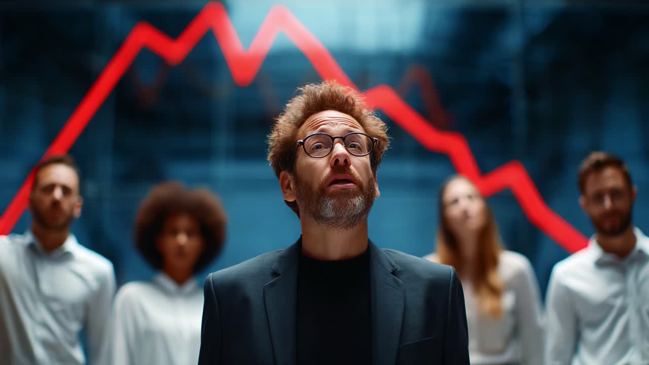 The Tension Mounts: A Leader Addresses a Team Amidst Falling Numbers and Rising Concerns in a Dramatic Presentation with Emotional Expressions Reflecting Uncertainty and Hope