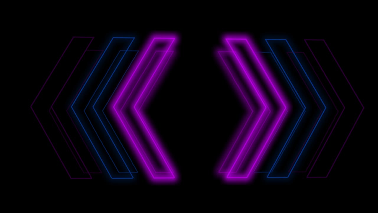 segno neon frecce animazione di segnale luminoso rosa e blu che si diffonde dal centro con uno sfondo nero. può essere utilizzato per comporre vari media come notizie, presentazioni, media online, social media