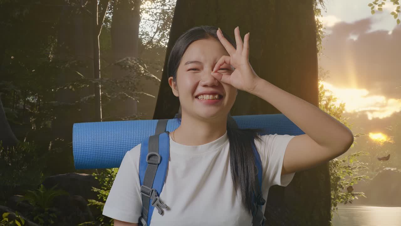 숲에서 산책하는 행복한 여자