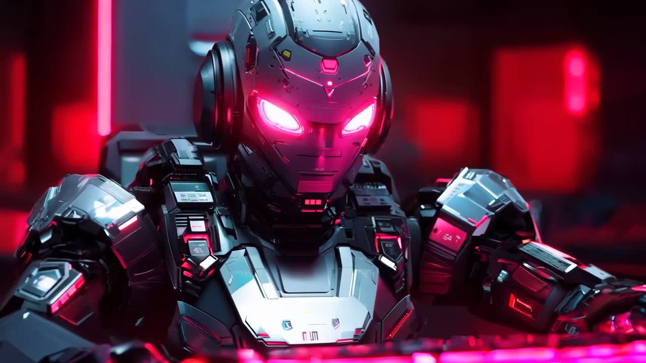 un robot sentado en un teclado en una habitación oscura