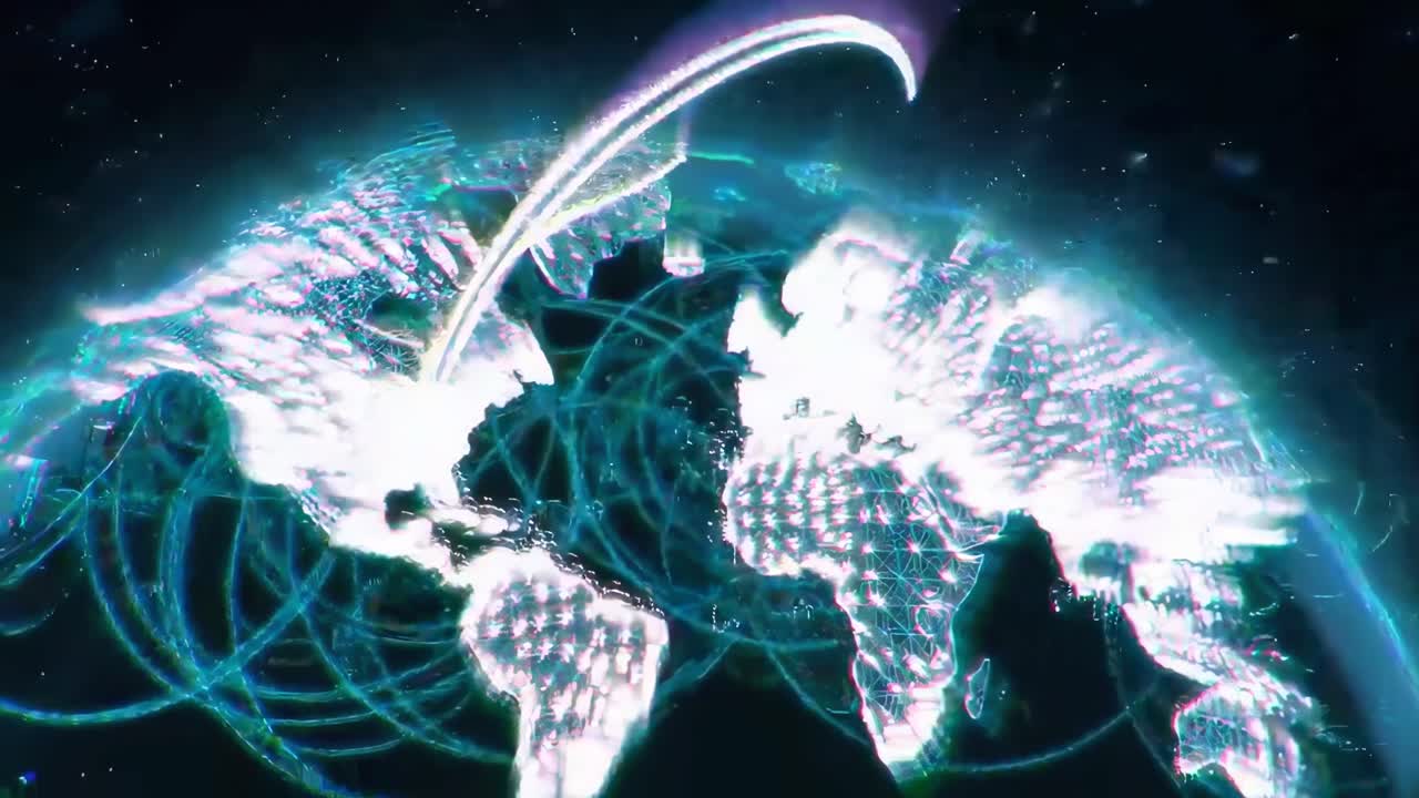 Aerial view of a digital globe with neon lines, depicting global connectivity in a video style