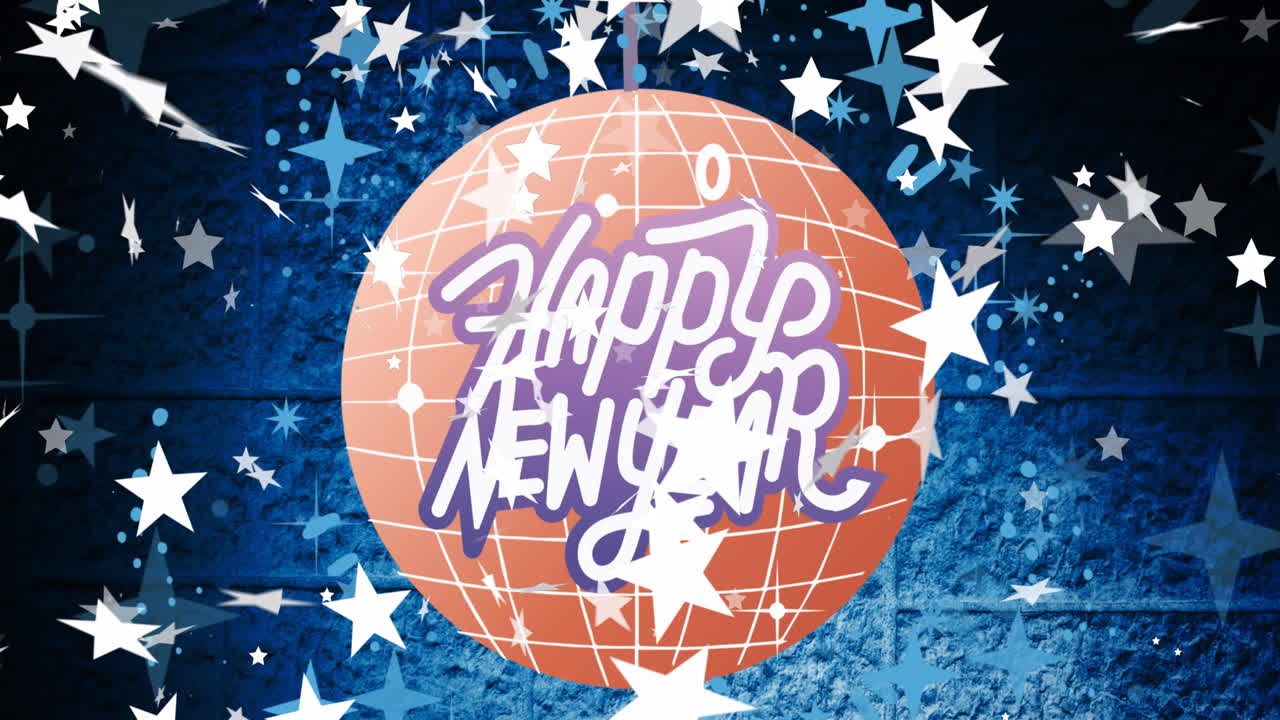 Animation of happy new year text in white and purple with stars and pink mirror ball, on blue