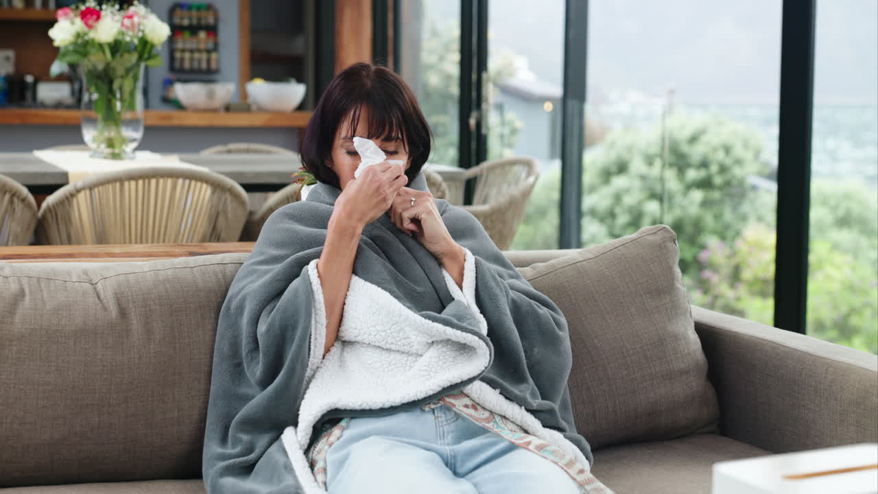 Sick Woman Wrapped in Blanket Blowing Her Nose on Couch